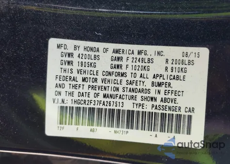 2015 Honda Accord Lx z USA, uszkodzony, nr VIN 1HGCR2F37FA267513
